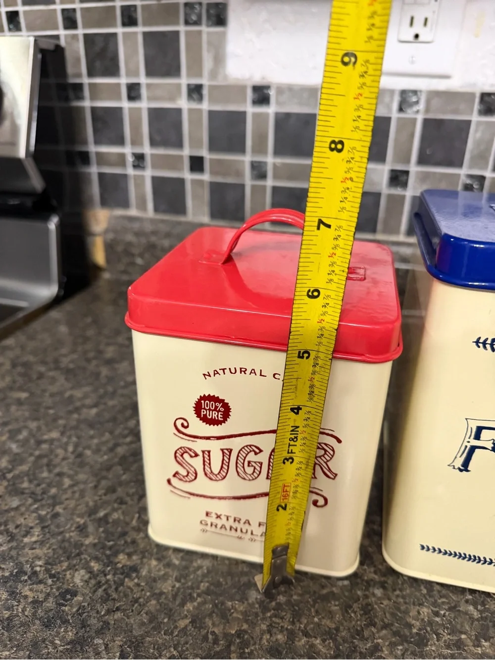Vintage Inspired Retro Metal Sugar & Flour Canister Set Cream Red Blue